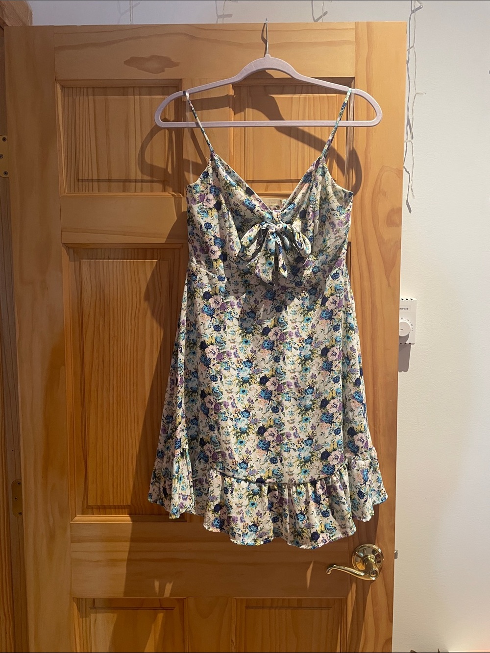 Altar'd State Cream Slip Dress with Blue & Purple Floral Print